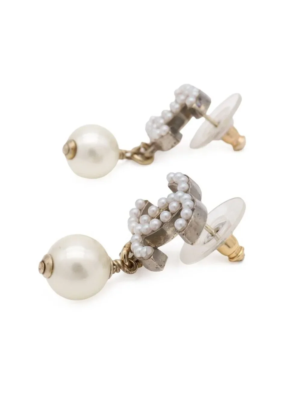Chanel 04A CC Logo Swing Earrings Faux Pearl White Gold
